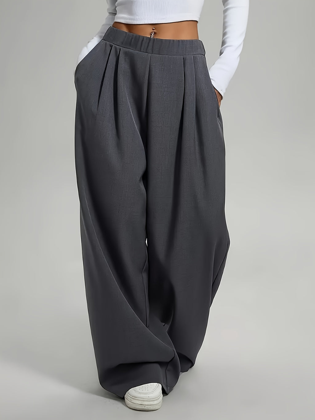 Elegant High-Waist Wide-Leg Pants | Solid Color, Long Length, Elastic Waist, Pocket Details, Suitable for All Seasons and Weekend Casual