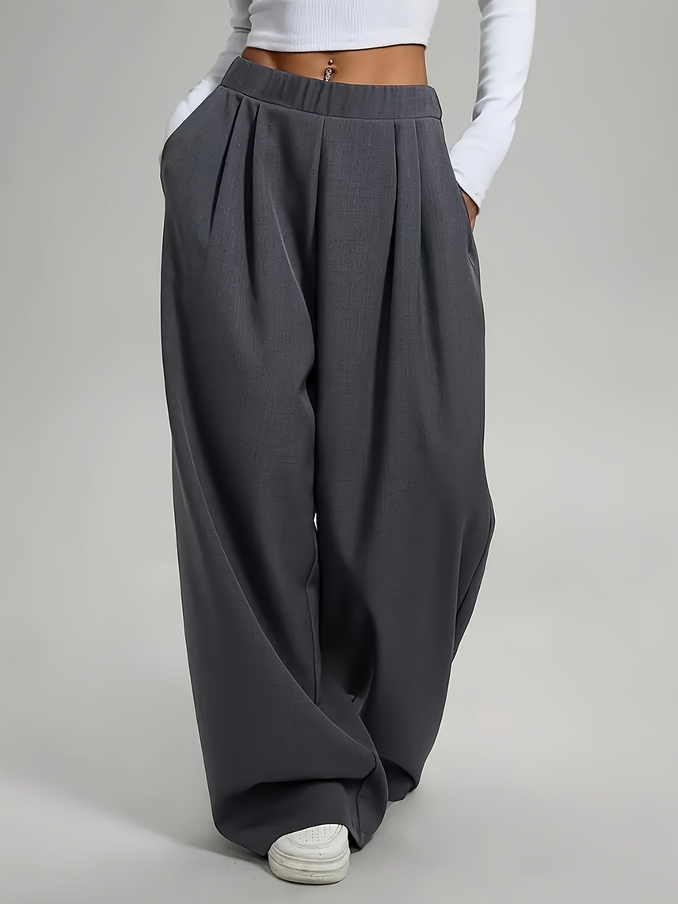 Elegant High-Waist Wide-Leg Pants | Solid Color, Long Length, Elastic Waist, Pocket Details, Suitable for All Seasons and Weekend Casual
