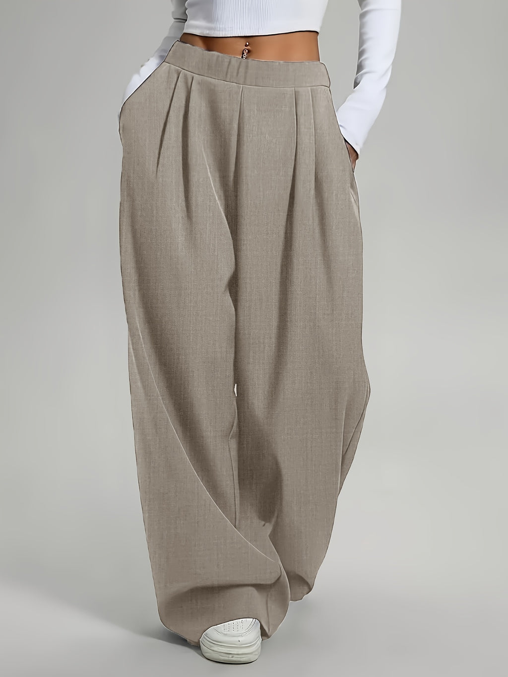 Elegant High-Waist Wide-Leg Pants | Solid Color, Long Length, Elastic Waist, Pocket Details, Suitable for All Seasons and Weekend Casual