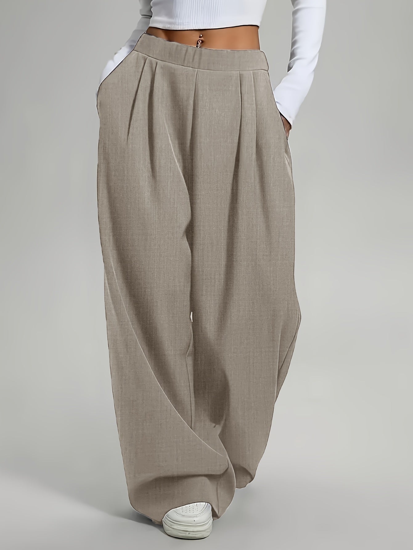 Elegant High-Waist Wide-Leg Pants | Solid Color, Long Length, Elastic Waist, Pocket Details, Suitable for All Seasons and Weekend Casual