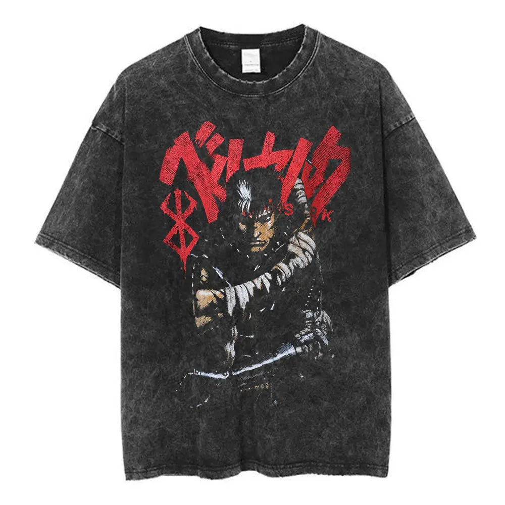 Vintage Washed Anime Berserk Guts T Shirt Swordsman Gatsu Sacrifice Zodd T-shirts Men Women Cotton Casual Oversized T-Shirt Tops
