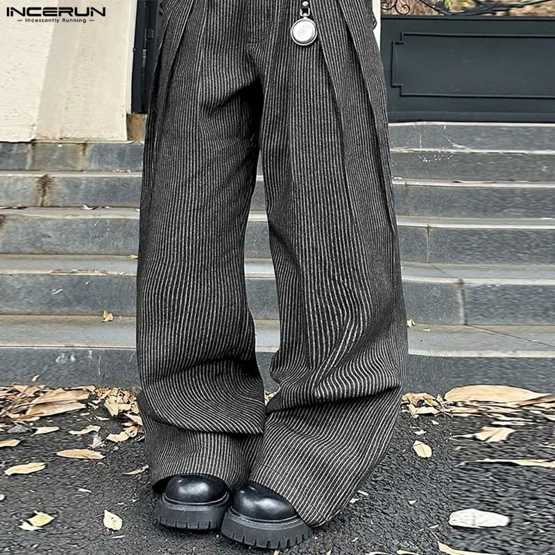 INCERUN Men Striped Pants Joggers Button Oversize Pleated Casual Wide Leg Trousers Men Streetwear Fashion Leisure Male Pants