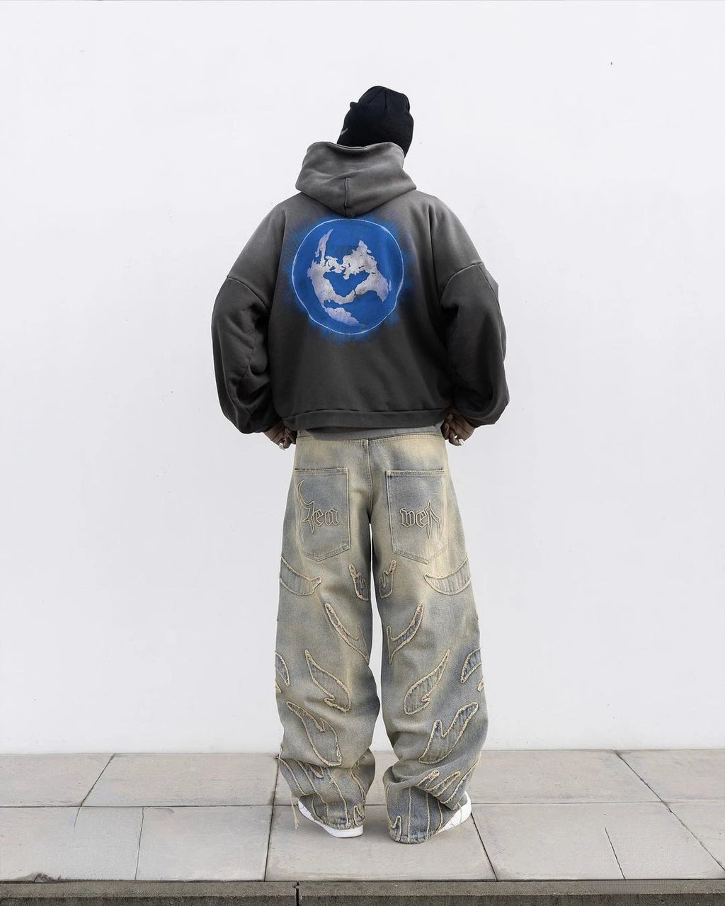 Y2k Retro Gothic Streetwear Raw Edge Embroidery Patchwork Baggy Jeans Men Fashion Hip Hop High Waist Denim Pants Ripped Jeans