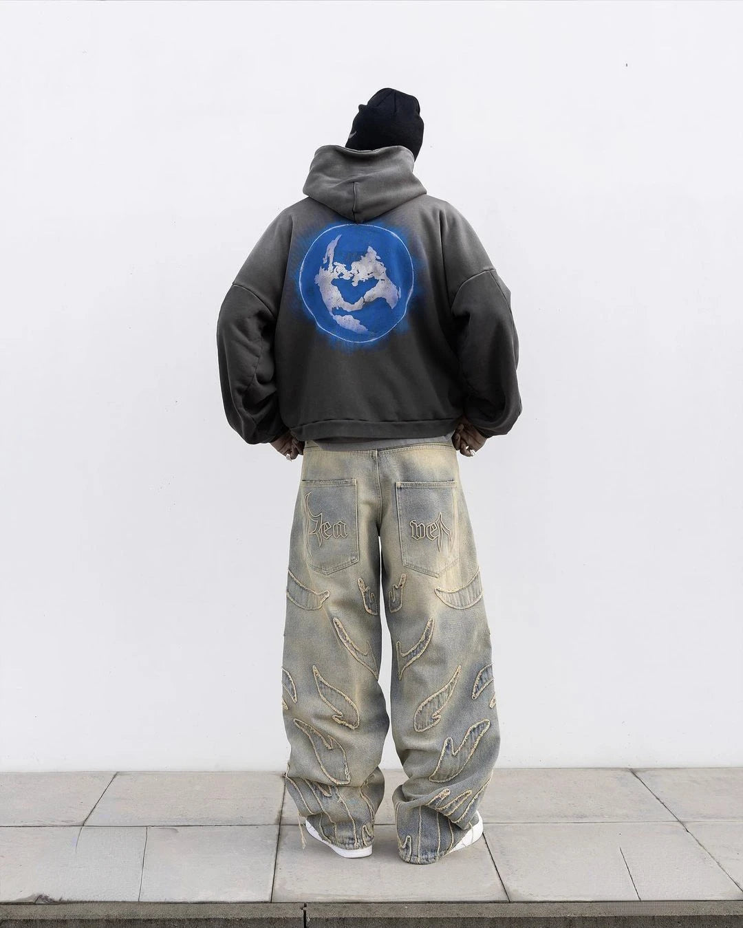 Y2k Retro Gothic Streetwear Raw Edge Embroidery Patchwork Baggy Jeans Men Fashion Hip Hop High Waist Denim Pants Ripped Jeans