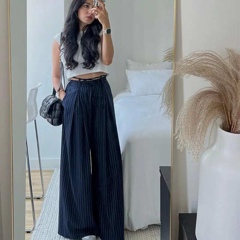 HXAO Women's Pants Baggy Wide Pants For Woman Minimalist Pleated Stripe Casual Pants Women Office Green Oversize Suit Trousers