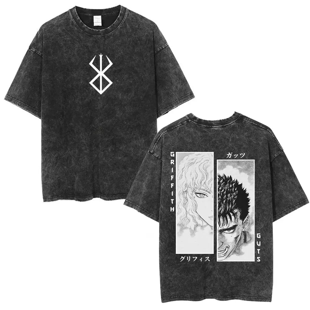 Vintage Washed Anime Berserk Guts T Shirt Swordsman Gatsu Sacrifice Zodd T-shirts Men Women Cotton Casual Oversized T-Shirt Tops