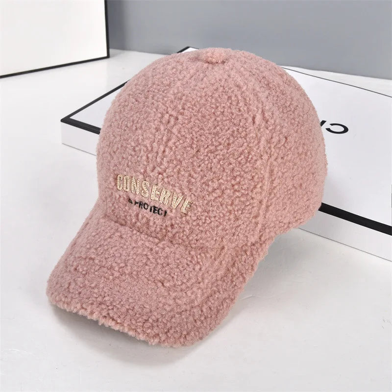 Warmth Embroidered Letter Lamb Fur Baseball Cap Women's Versatile Small Face Duckbill Cap Autumn Winter New Style Fashionable...