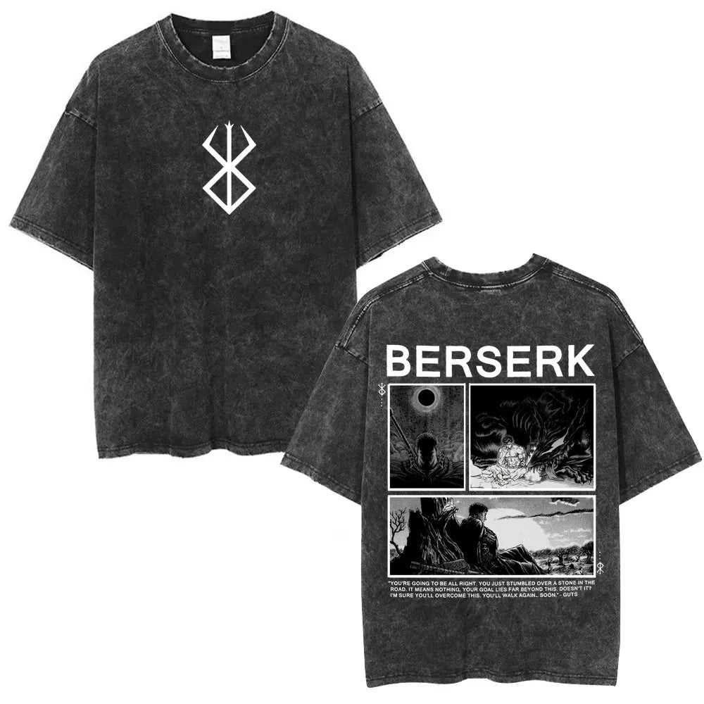 Vintage Washed Anime Berserk Guts T Shirt Swordsman Gatsu Sacrifice Zodd T-shirts Men Women Cotton Casual Oversized T-Shirt Tops