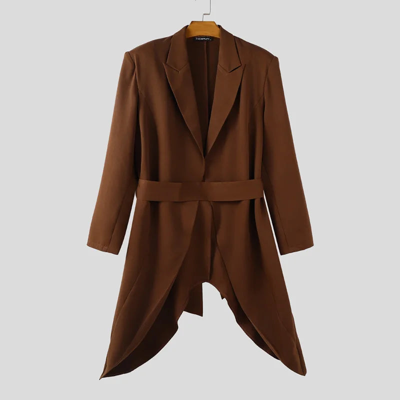 INCERUN Men Sets Solid Color Lace Up Long Sleeve Long Style Blazer & Pants Two Pieces Sets Streetwear Loose Casual Men's Suits