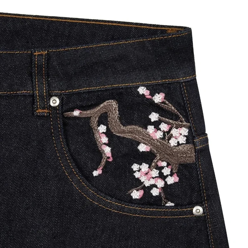 Y2K Goth vintage jeans plum blossom embroidery Harajuku pattern denim fabric wide leg pants American style men women street wear