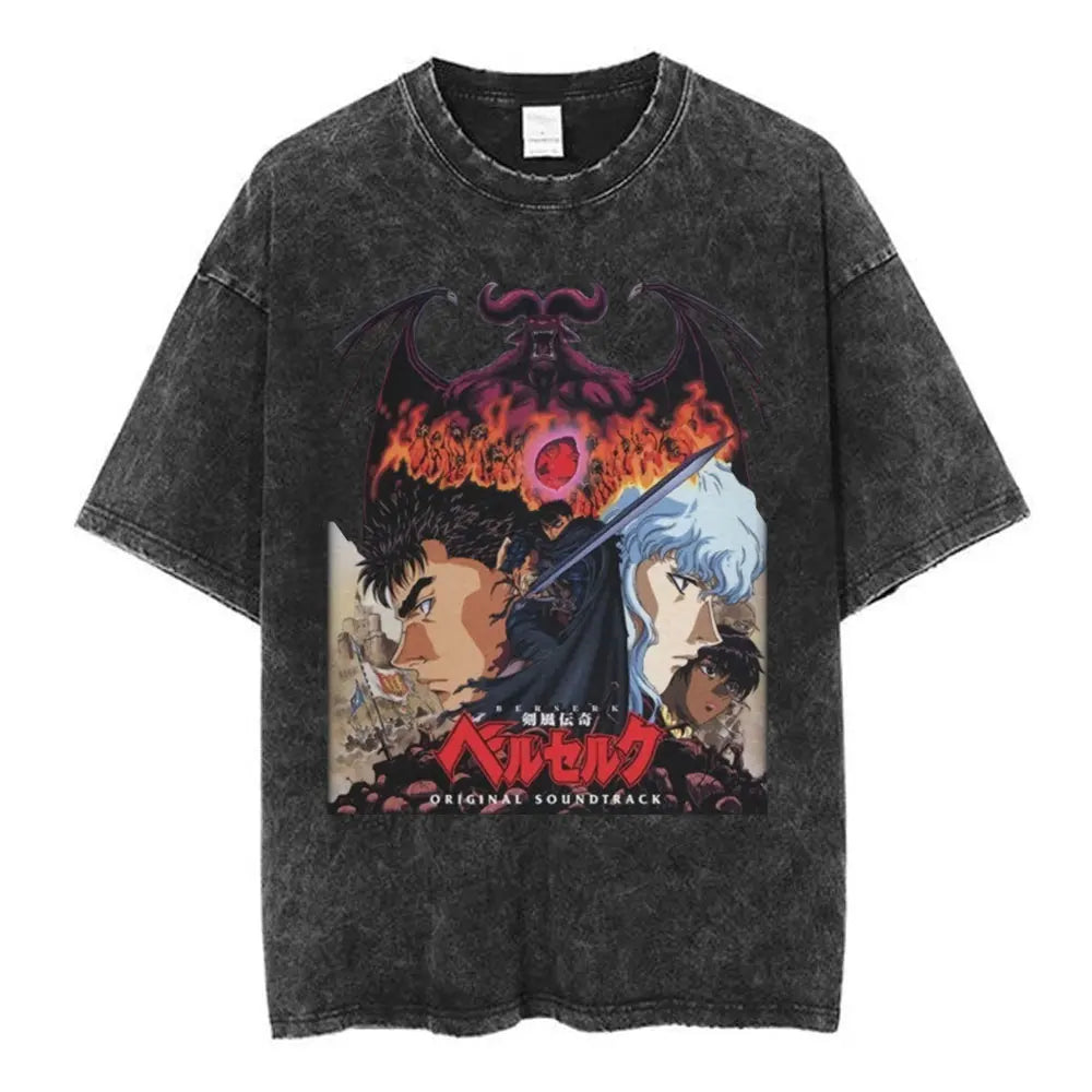 Vintage Washed Anime Berserk Guts T Shirt Swordsman Gatsu Sacrifice Zodd T-shirts Men Women Cotton Casual Oversized T-Shirt Tops