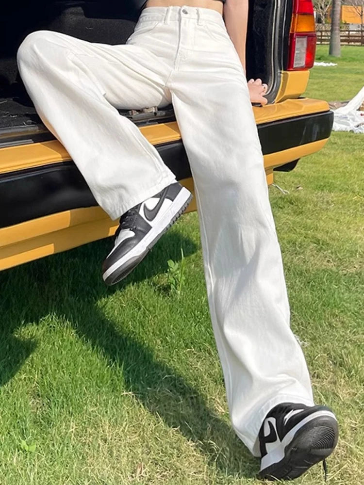 Woman High Waist Wide Leg Jeans Girls Casual Denim Straight Leg Pants Female White Black Blue Light Blue Beige Loose Trousers