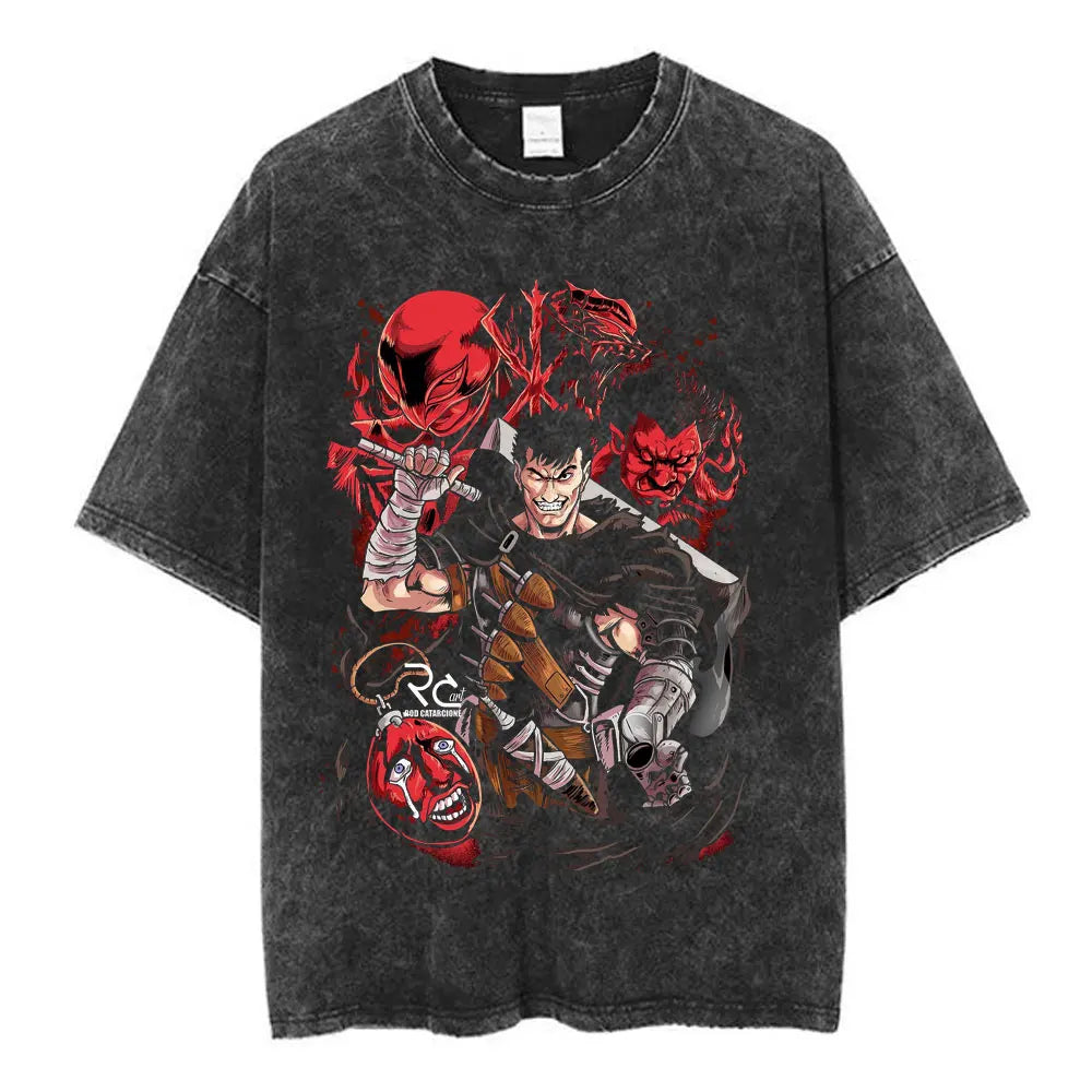 Vintage Washed Anime Berserk Guts T Shirt Swordsman Gatsu Sacrifice Zodd T-shirts Men Women Cotton Casual Oversized T-Shirt Tops