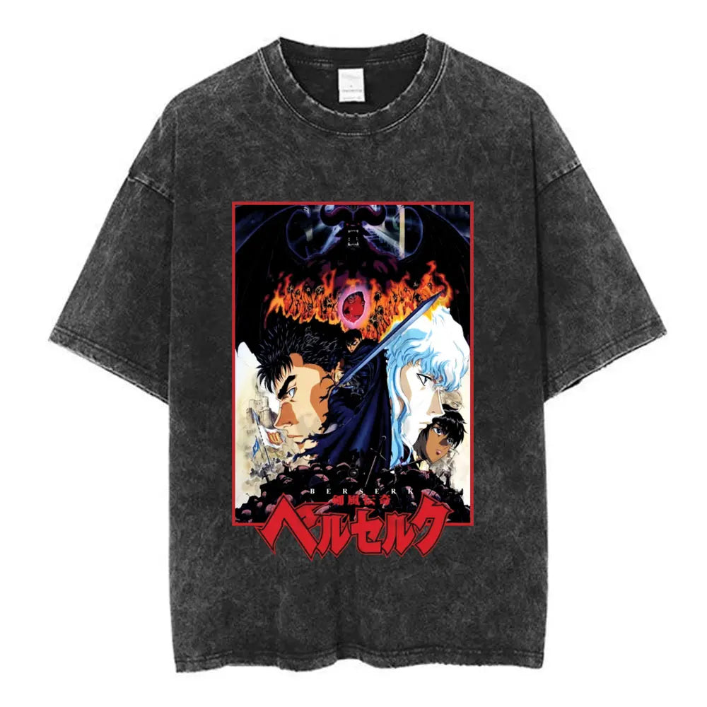 Vintage Washed Anime Berserk Guts T Shirt Swordsman Gatsu Sacrifice Zodd T-shirts Men Women Cotton Casual Oversized T-Shirt Tops