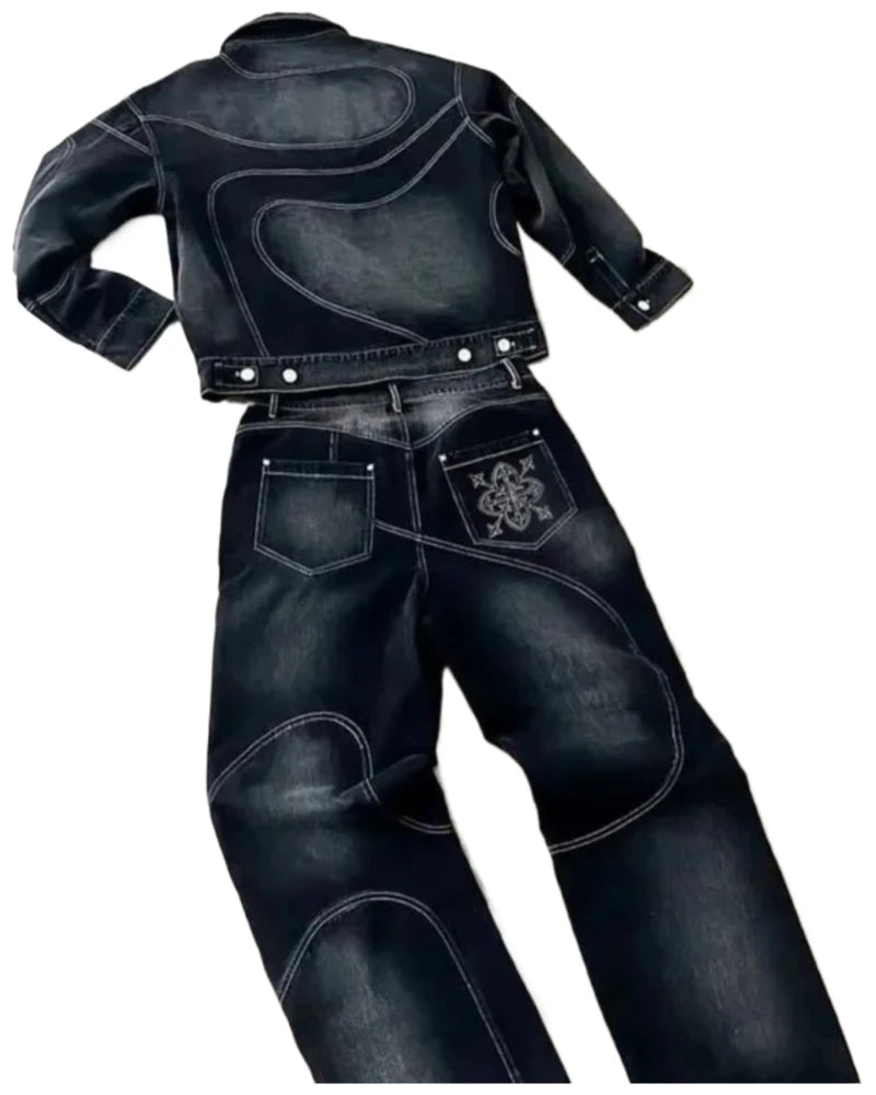 American Vintage Hip-Hop Striped Embroidered Denim Jacket Men's Y2K Harajuku Gothic Couple Skull Loose Casual Jeans Street Wear