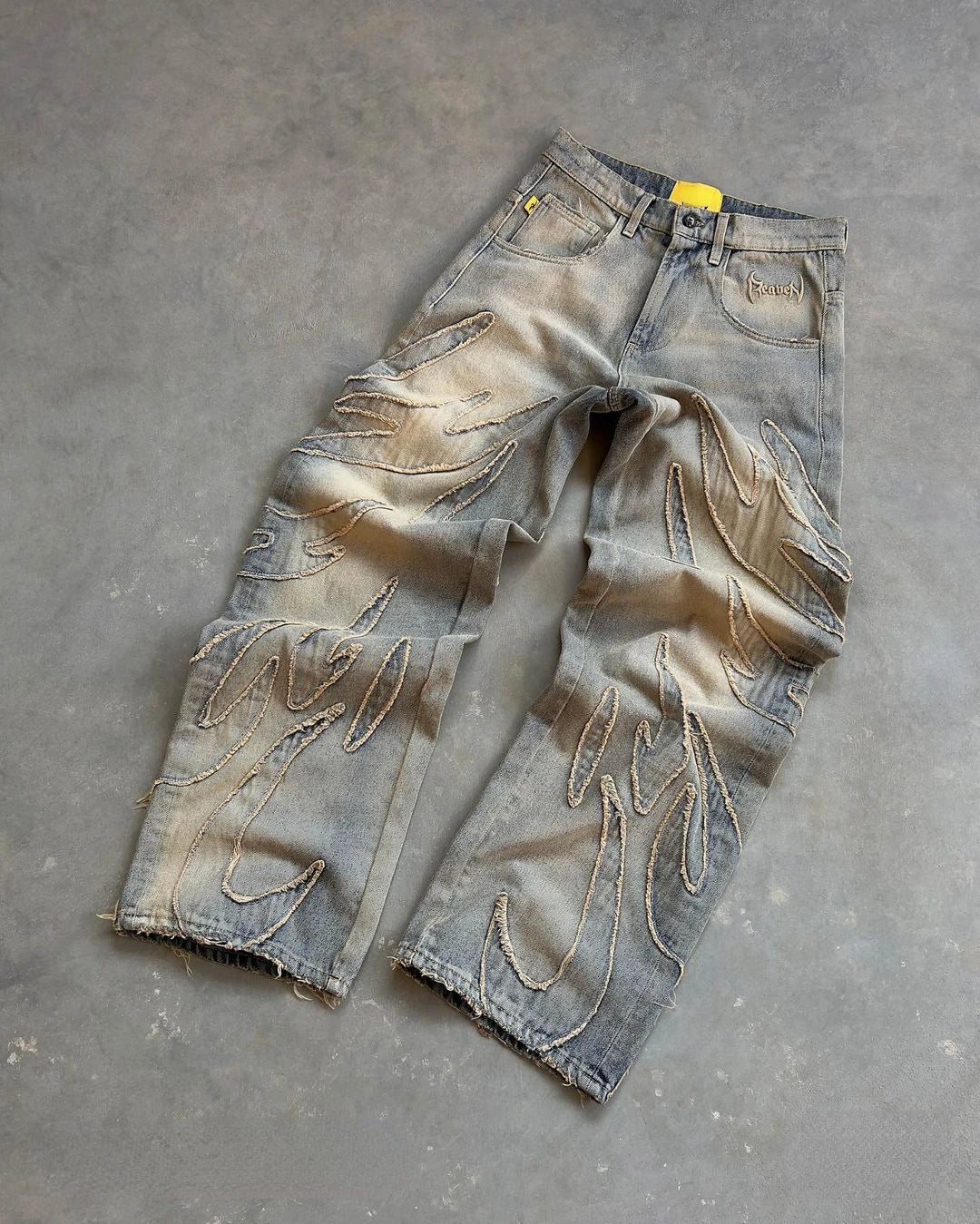 Y2k Retro Gothic Streetwear Raw Edge Embroidery Patchwork Baggy Jeans Men Fashion Hip Hop High Waist Denim Pants Ripped Jeans