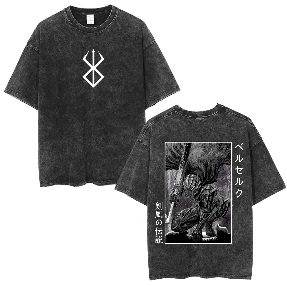 Vintage Washed Anime Berserk Guts T Shirt Swordsman Gatsu Sacrifice Zodd T-shirts Men Women Cotton Casual Oversized T-Shirt Tops