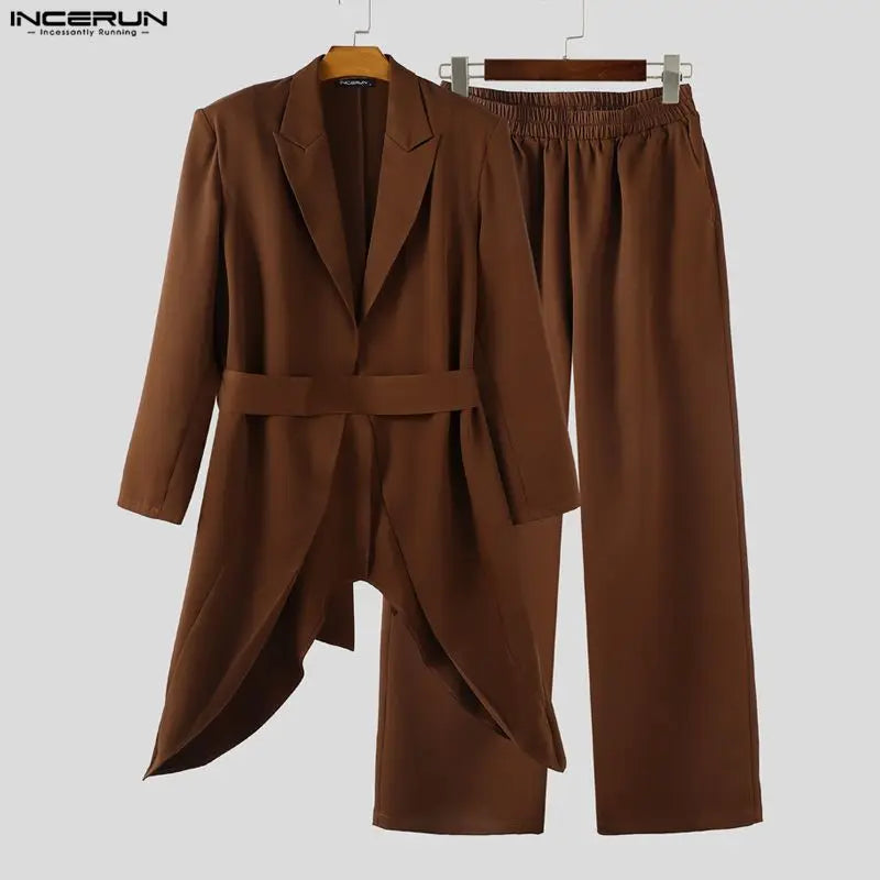 INCERUN Men Sets Solid Color Lace Up Long Sleeve Long Style Blazer & Pants Two Pieces Sets Streetwear Loose Casual Men's Suits