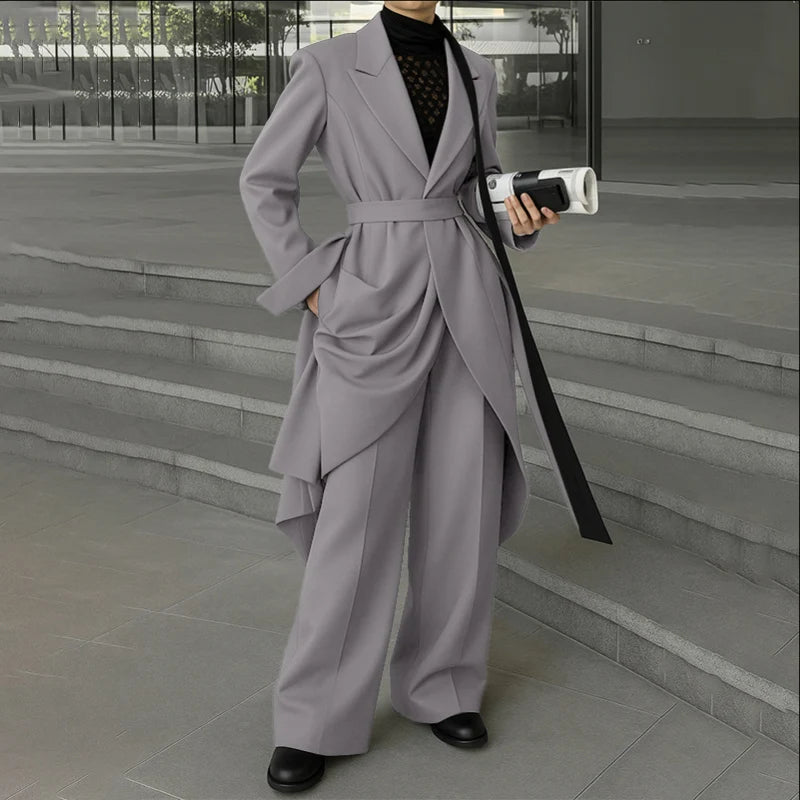 INCERUN Men Sets Solid Color Lace Up Long Sleeve Long Style Blazer & Pants Two Pieces Sets Streetwear Loose Casual Men's Suits