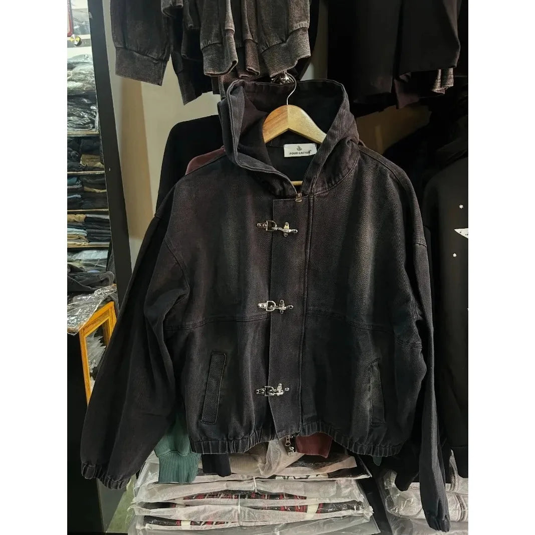 New Street Punk Clothing Fashion Metal Buttonoversized Hoodies Men Y2K American Retro Gothic Trendy Brand Casual Zipper Hoodie