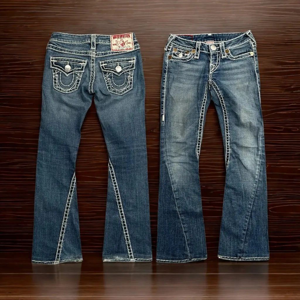 2000s Gothic Vintage Buddha Embroidery Jeans Mens Womens Y2k Streetwear Hip Hop Pocket Baggy Jeans Low Waist Wide Leg Trousers