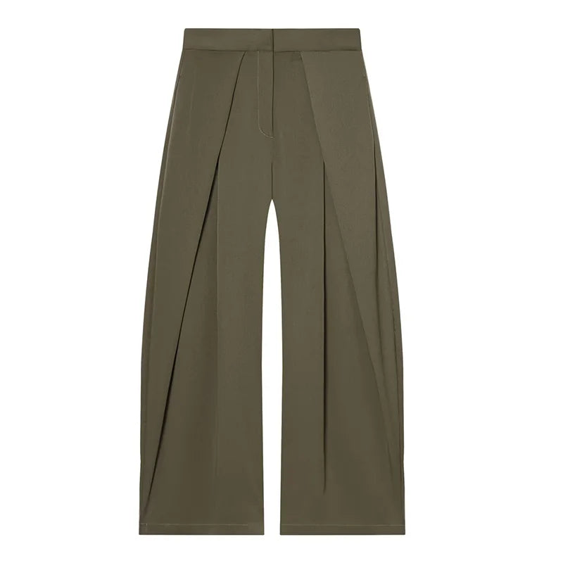HXAO Women's Pants Baggy Wide Pants For Woman Minimalist Pleated Stripe Casual Pants Women Office Green Oversize Suit Trousers