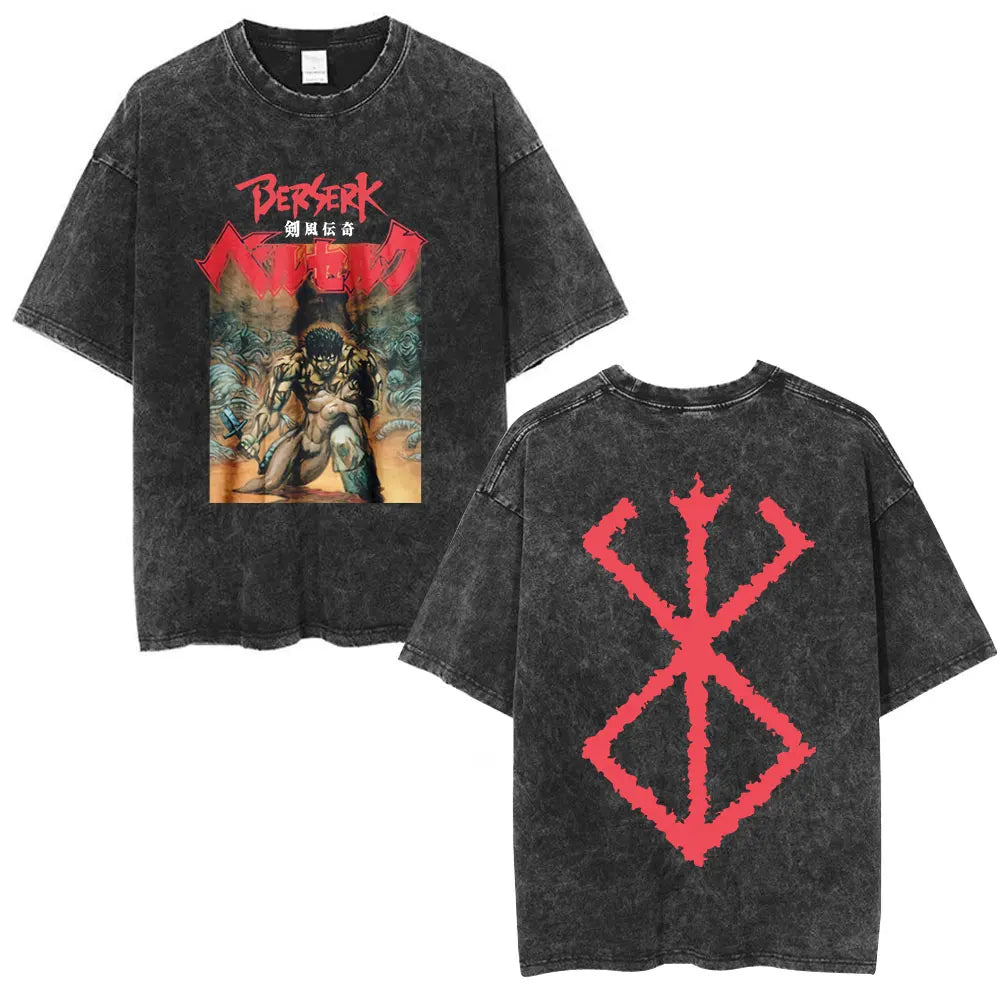 Vintage Washed Anime Berserk Guts T Shirt Swordsman Gatsu Sacrifice Zodd T-shirts Men Women Cotton Casual Oversized T-Shirt Tops