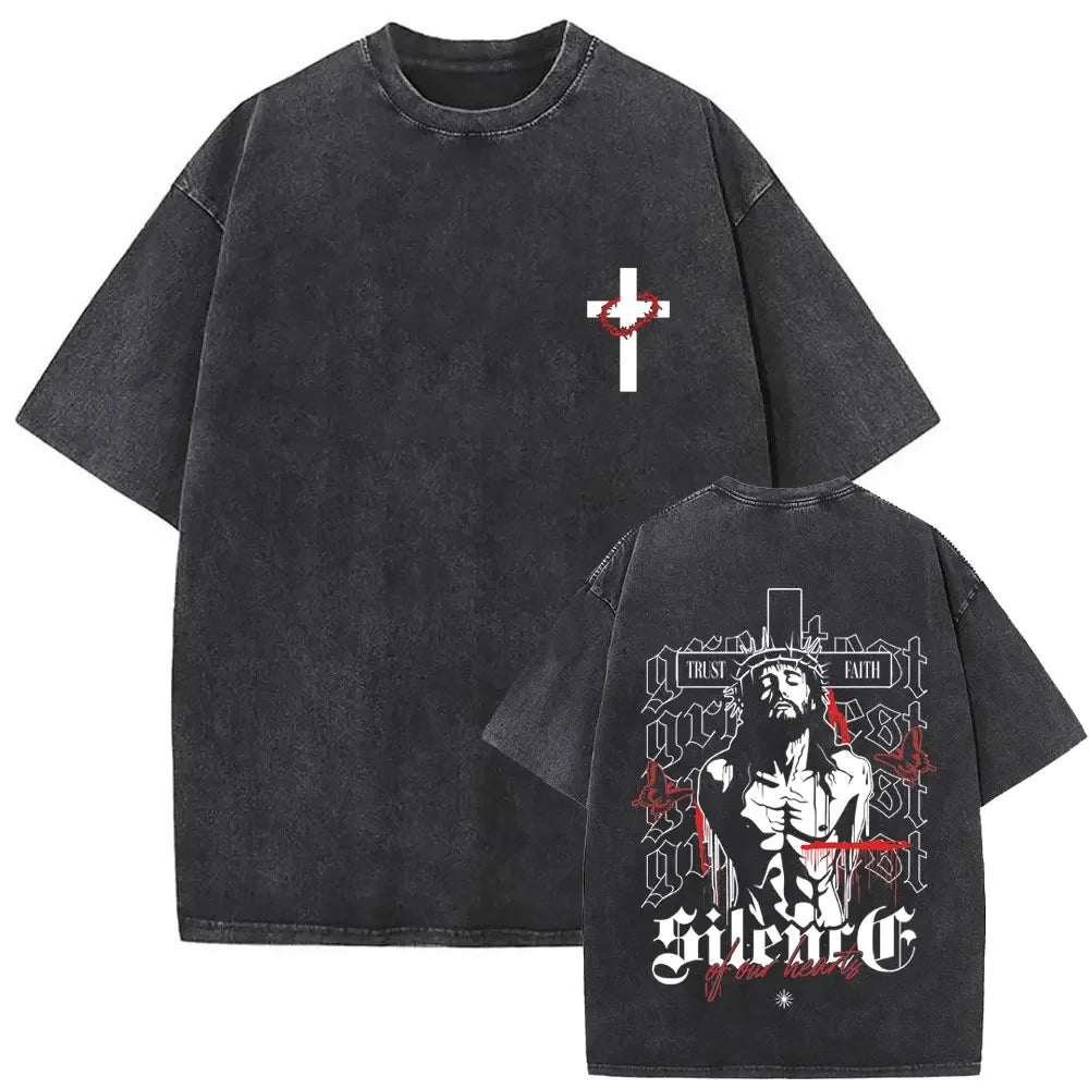 Christian Religious Jesus Forgive Them Father Vintage Washed T-shirt  Men Women Gothic Rock Oversized T Shirts Tops Streetwear