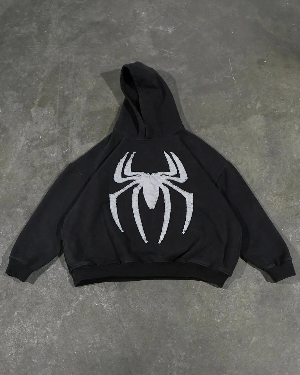Grey Black Gothic Big Spider Pattern Patchwork Hooded Pullover Y2k Retro Loose Men Women Hip Hop Hoodie Jacket Street Sweatshirt