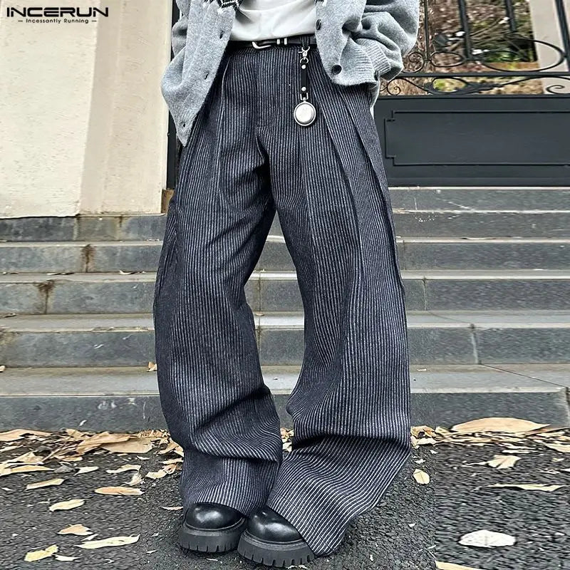 INCERUN Men Striped Pants Joggers Button Oversize Pleated Casual Wide Leg Trousers Men Streetwear Fashion Leisure Male Pants