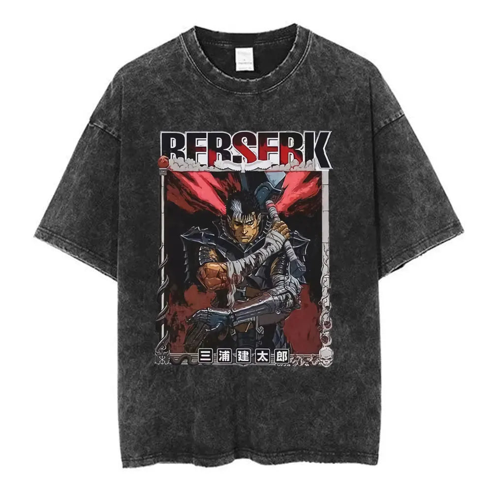 Vintage Washed Anime Berserk Guts T Shirt Swordsman Gatsu Sacrifice Zodd T-shirts Men Women Cotton Casual Oversized T-Shirt Tops