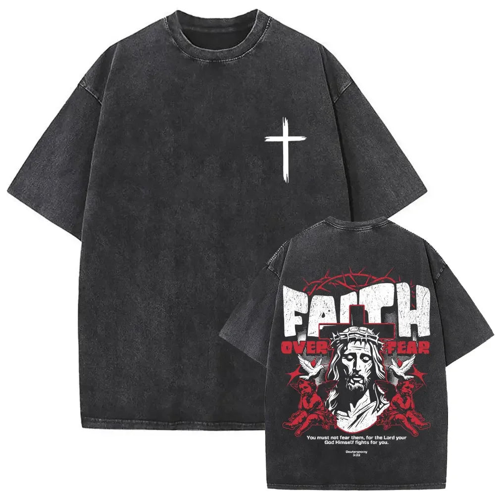 Christian Religious Jesus Forgive Them Father Vintage Washed T-shirt  Men Women Gothic Rock Oversized T Shirts Tops Streetwear