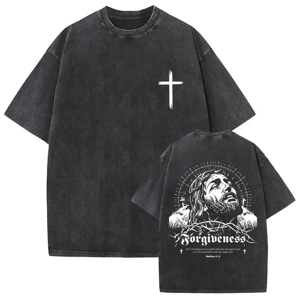 Christian Religious Jesus Forgive Them Father Vintage Washed T-shirt  Men Women Gothic Rock Oversized T Shirts Tops Streetwear