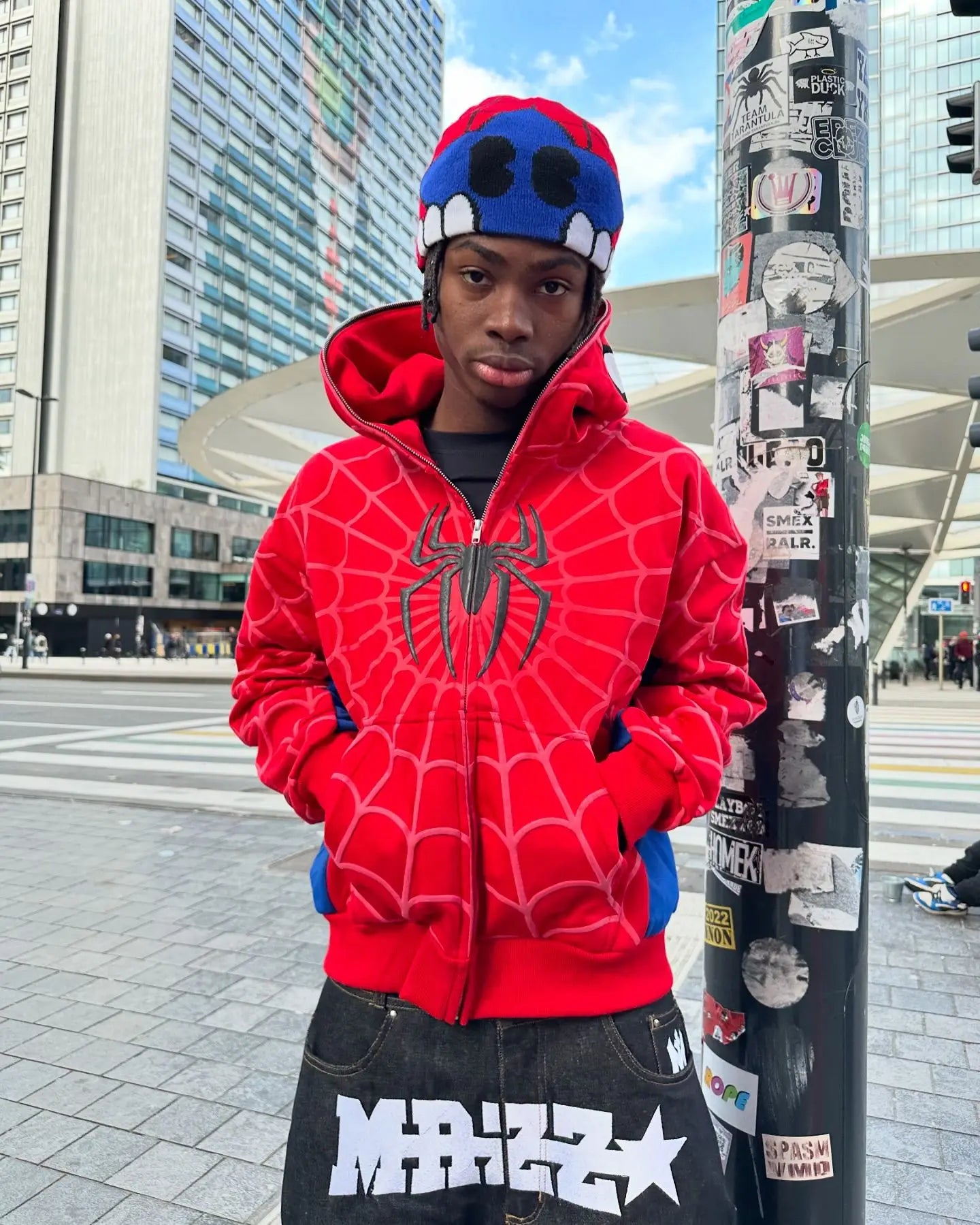 Grey Black Gothic Big Spider Pattern Patchwork Hooded Pullover Y2k Retro Loose Men Women Hip Hop Hoodie Jacket Street Sweatshirt