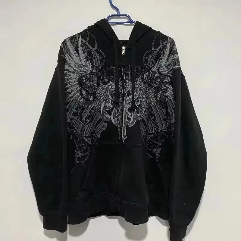 American Fashion Embroidery Personality Flash Diamond Oversize Zipper Hoodie Men Y2K New Harajuku Gothic Casual Joker Sweatshirt
