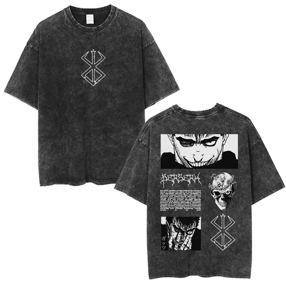 Vintage Washed Anime Berserk Guts T Shirt Swordsman Gatsu Sacrifice Zodd T-shirts Men Women Cotton Casual Oversized T-Shirt Tops