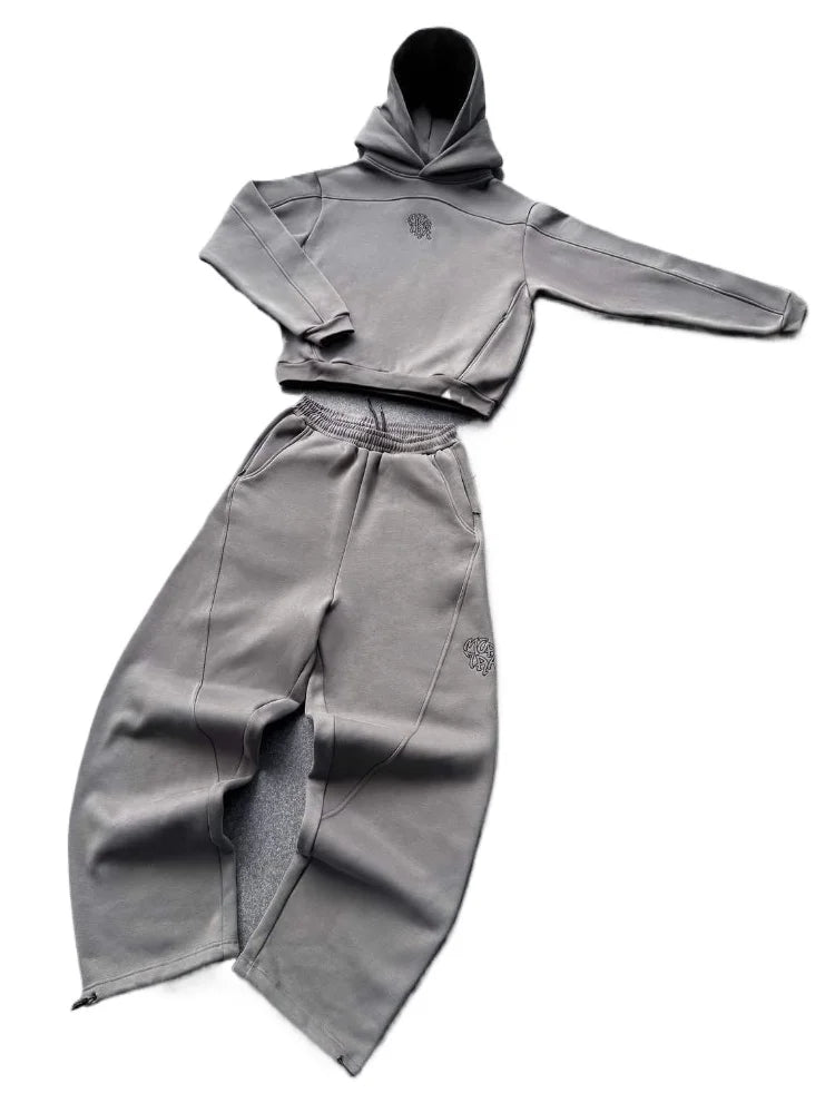 HOUZHOU Vintage Casual 2 Piece Sets Women Embroidery Gray Loose Pant Sets American Retro Streetwear Oversized Classic Pant Sets