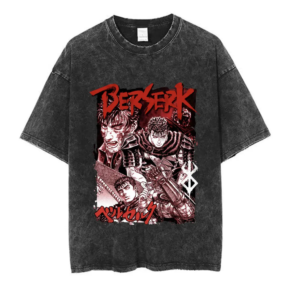 Vintage Washed Anime Berserk Guts T Shirt Swordsman Gatsu Sacrifice Zodd T-shirts Men Women Cotton Casual Oversized T-Shirt Tops