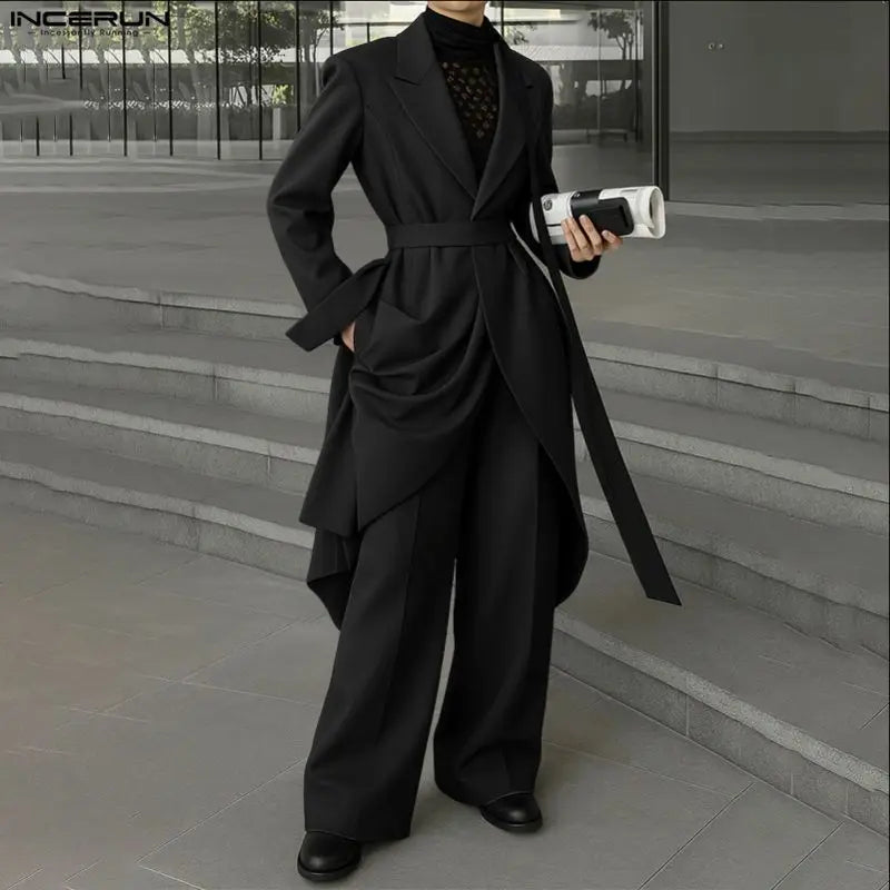 INCERUN Men Sets Solid Color Lace Up Long Sleeve Long Style Blazer & Pants Two Pieces Sets Streetwear Loose Casual Men's Suits