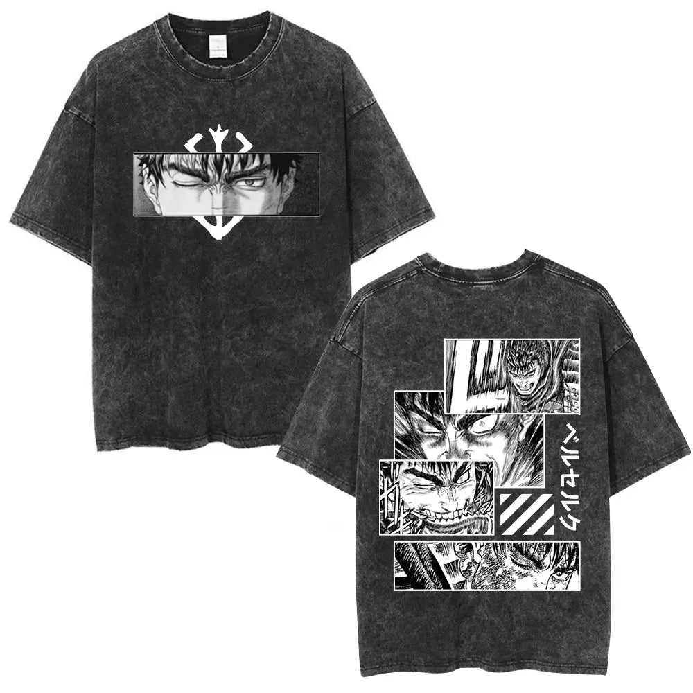 Vintage Washed Anime Berserk Guts T Shirt Swordsman Gatsu Sacrifice Zodd T-shirts Men Women Cotton Casual Oversized T-Shirt Tops