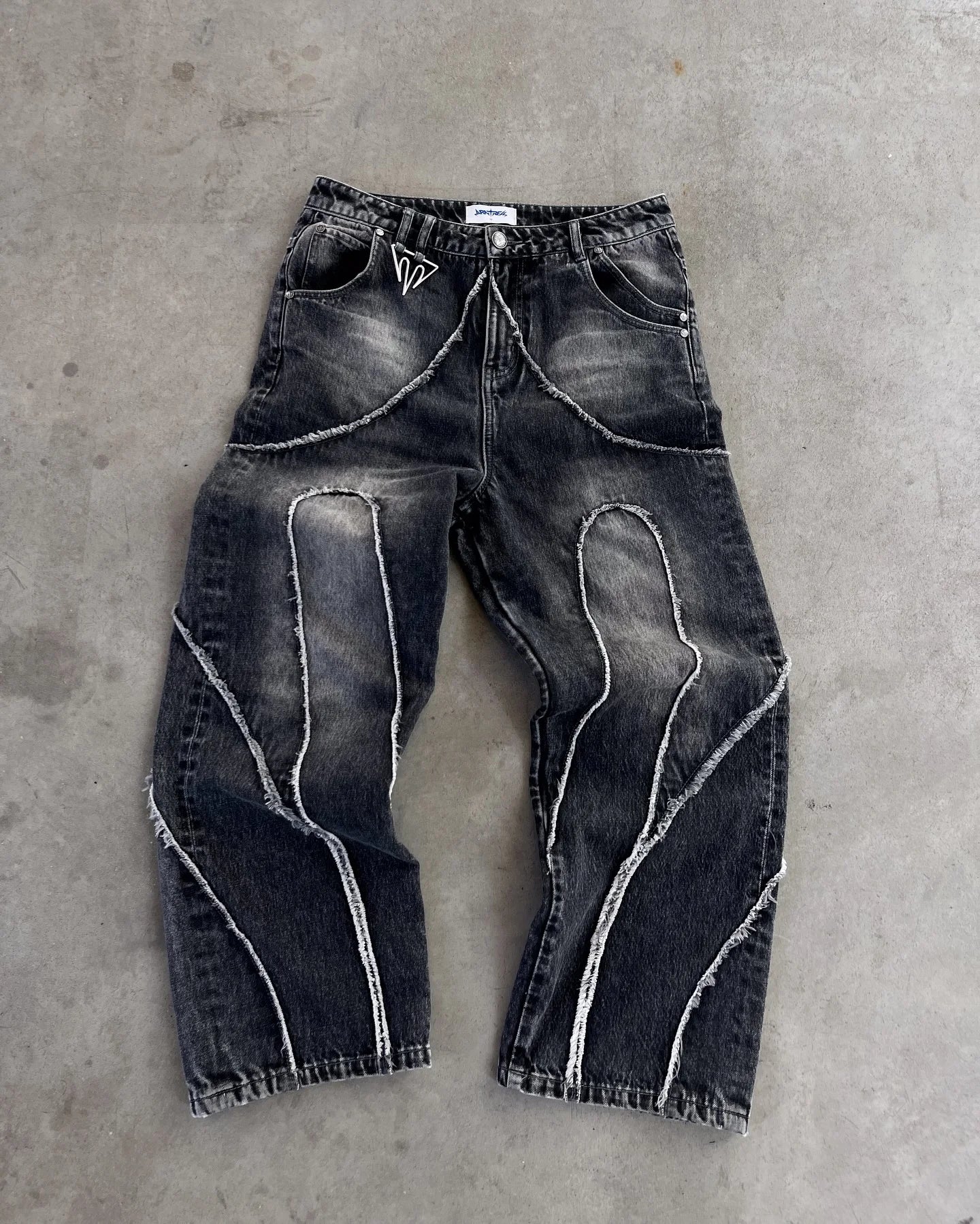 Y2k Retro Gothic Streetwear Raw Edge Embroidery Patchwork Baggy Jeans Men Fashion Hip Hop High Waist Denim Pants Ripped Jeans