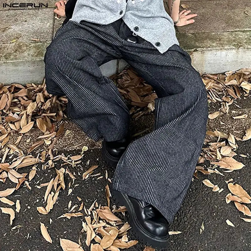 INCERUN Men Striped Pants Joggers Button Oversize Pleated Casual Wide Leg Trousers Men Streetwear Fashion Leisure Male Pants