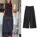 KONDALA Casual Chic Wide Leg Pants Women Office Lady Pockets Pleated Long Trousers Fashion 2026 Spring Summer Streetwear Pants