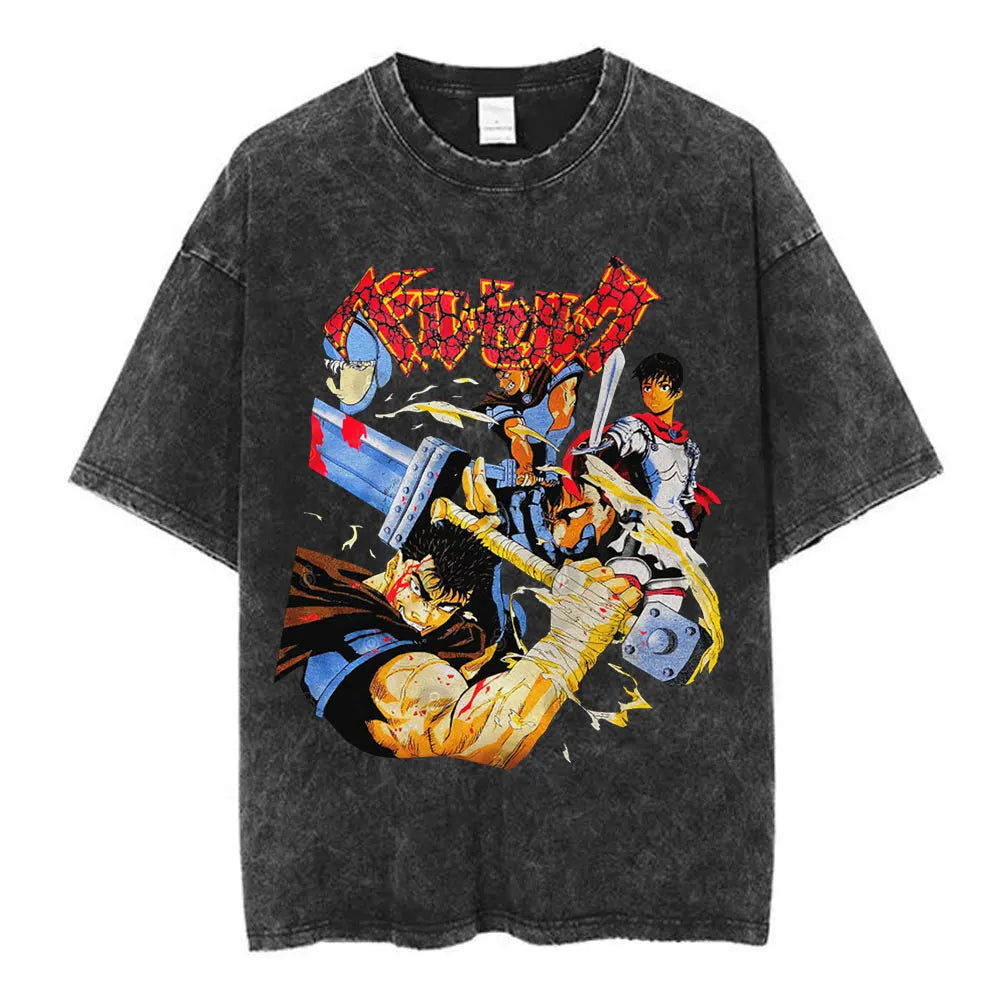 Vintage Washed Anime Berserk Guts T Shirt Swordsman Gatsu Sacrifice Zodd T-shirts Men Women Cotton Casual Oversized T-Shirt Tops