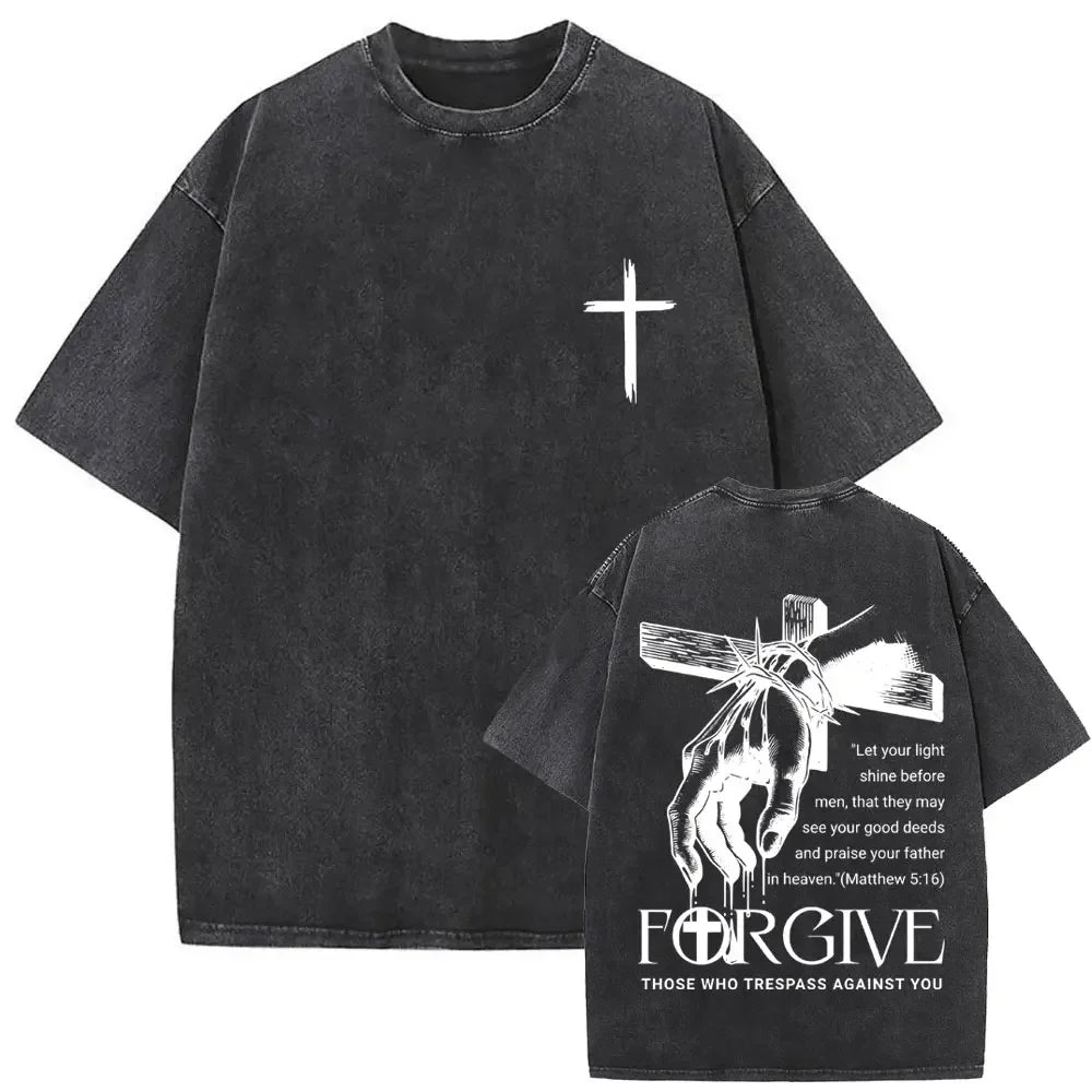 Christian Religious Jesus Forgive Them Father Vintage Washed T-shirt  Men Women Gothic Rock Oversized T Shirts Tops Streetwear