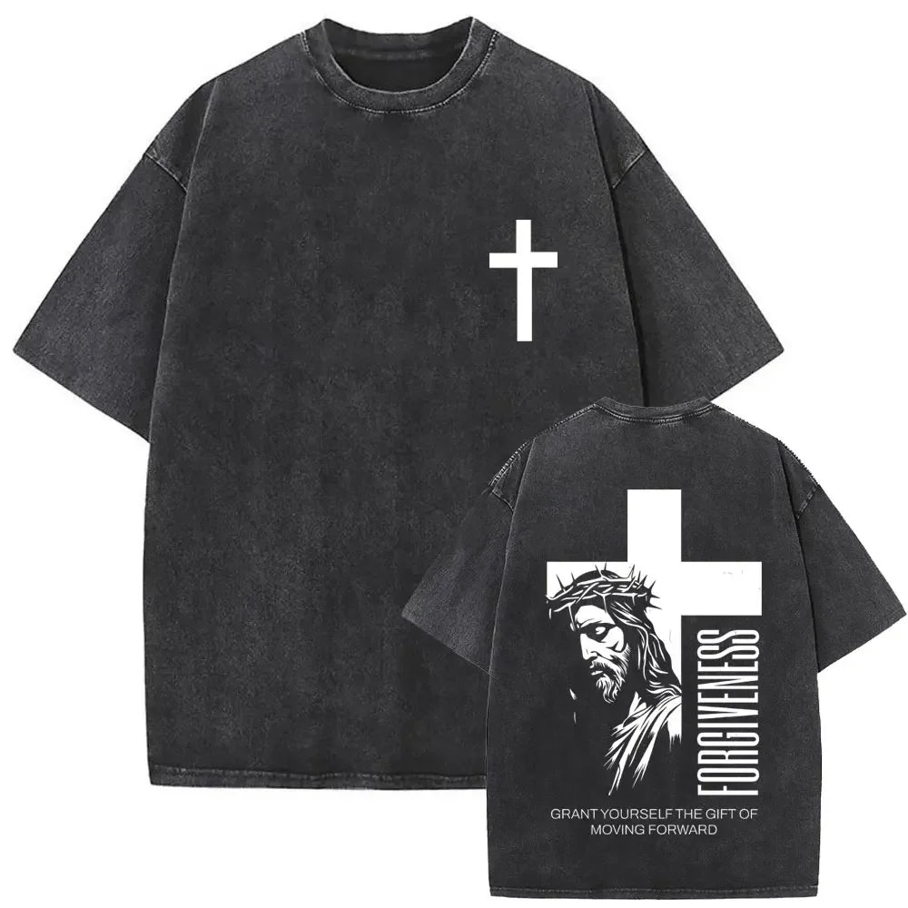 Christian Religious Jesus Forgive Them Father Vintage Washed T-shirt  Men Women Gothic Rock Oversized T Shirts Tops Streetwear
