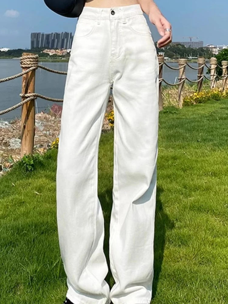 Woman High Waist Wide Leg Jeans Girls Casual Denim Straight Leg Pants Female White Black Blue Light Blue Beige Loose Trousers