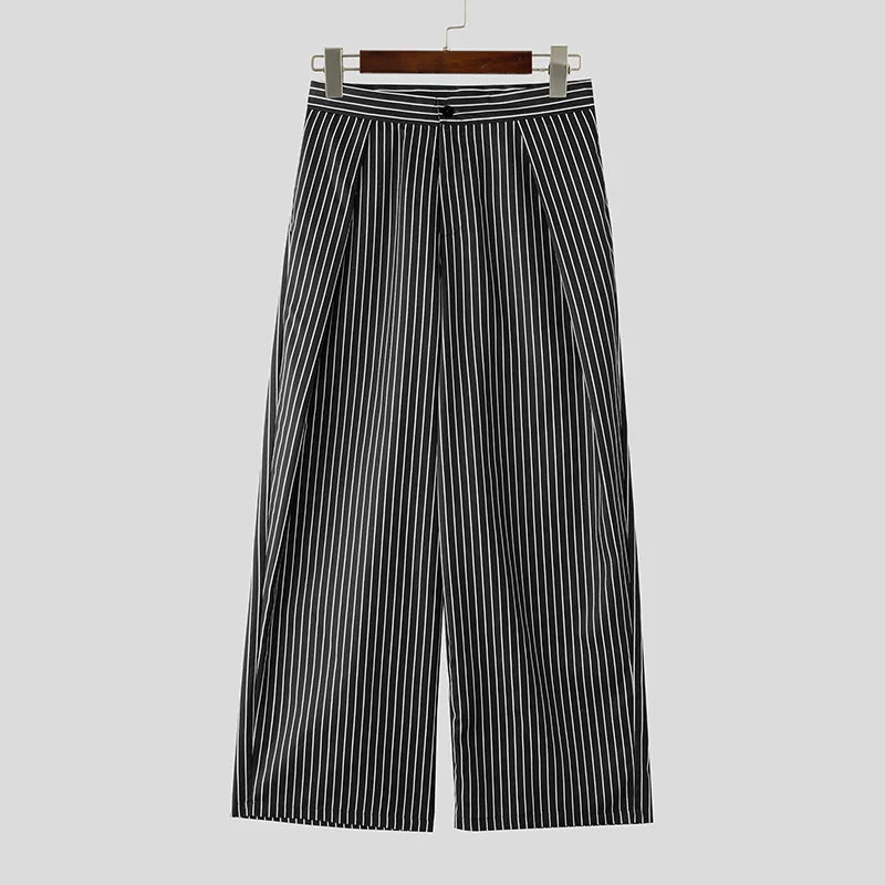 INCERUN Men Striped Pants Button Joggers Loose Casual Wide Leg Trousers Men Streetwear 2025 Fashion Leisure Long Pants S-5XL