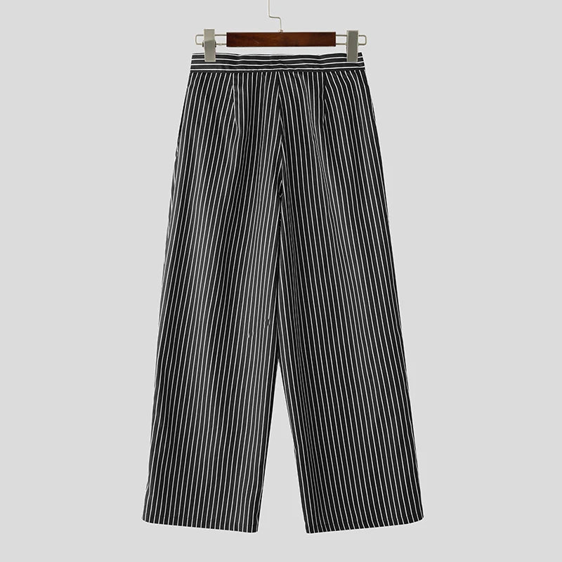 INCERUN Men Striped Pants Button Joggers Loose Casual Wide Leg Trousers Men Streetwear 2025 Fashion Leisure Long Pants S-5XL