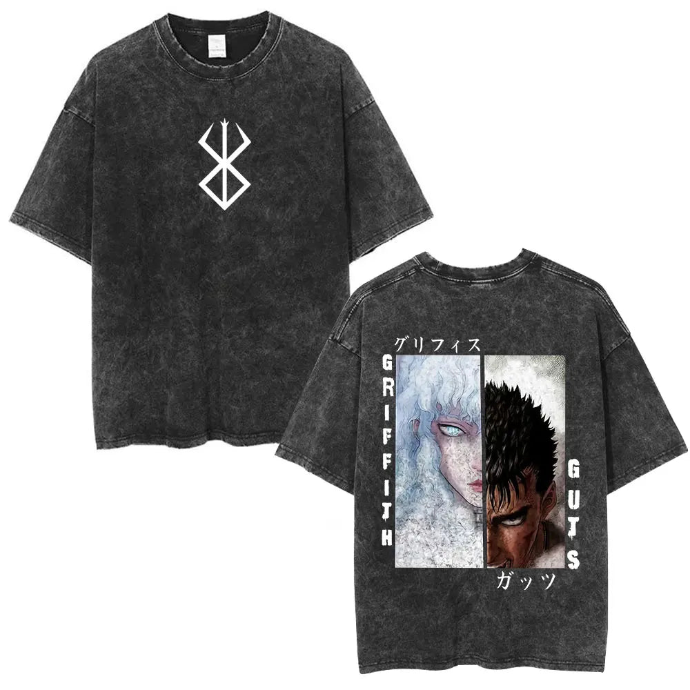 Vintage Washed Anime Berserk Guts T Shirt Swordsman Gatsu Sacrifice Zodd T-shirts Men Women Cotton Casual Oversized T-Shirt Tops